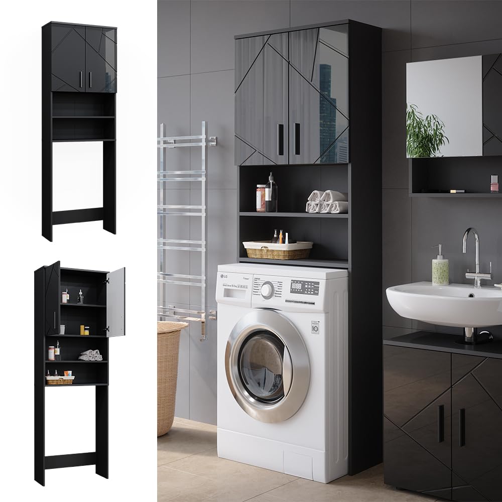 Vicco Armoire pour Machine à Laver Irma, Anthracite Haute Brillance, 64x190.5cm, Convient pour Le Rangement et comme surélévateur pour Machines à Laver