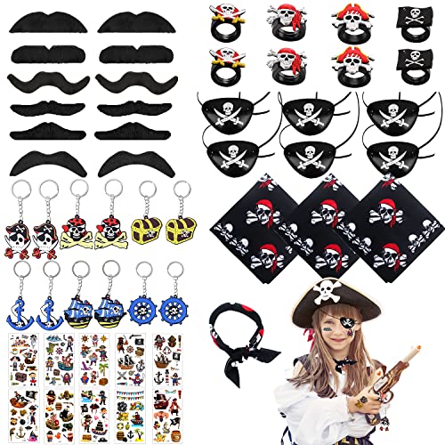 Xingsky 52Pcs Pirate Accessory Set, Children’s Pirate Party Bag, Pirate Captain Eye Patch 6 Pcs, Pirate Bandana 4 Pcs and Moustache 12 Pcs, Pirate Rings 8 Pcs and Keyrings 12Pcs,Piraten-Sticker 10pcs Cover