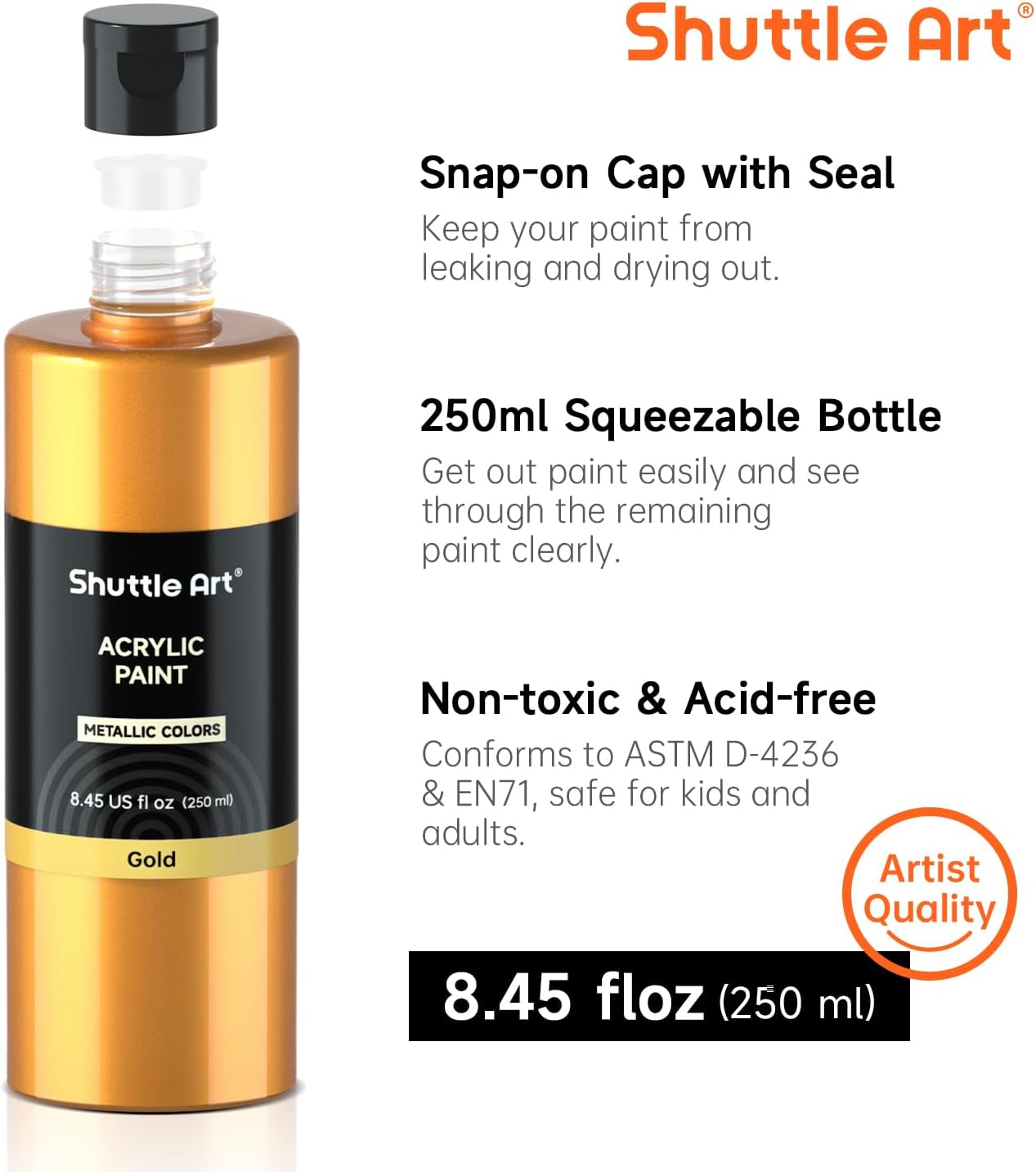 Shuttle Art 8 Colors Metallic Acrylic Paint, 250ml/8.45oz Bottles Acrylic Paint Set, Rich Metallic Shade, Bulk Painting Supplies for Artists, Beginners and Kids Painting on Rocks Crafts Canvas Wood