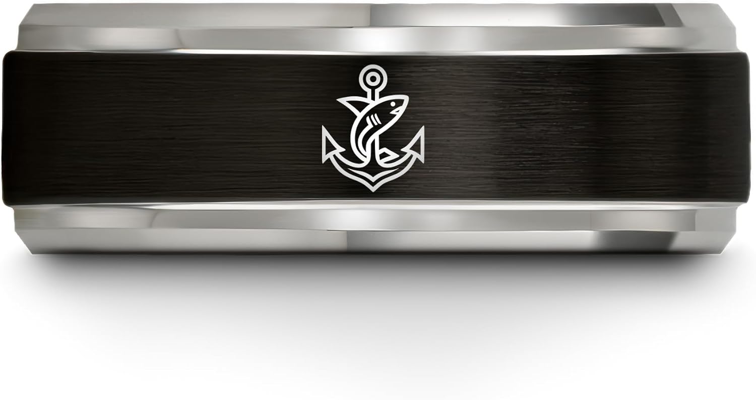 Anchor With Shark Ring - Gift for Ocean Fan - Brushed Polished - Flat Dome Bevel - Gunmetal Black Silver Blue - 8mm - Band - Personalized Custom Engraving - Men Women - Anniversary Wedding - Tungsten