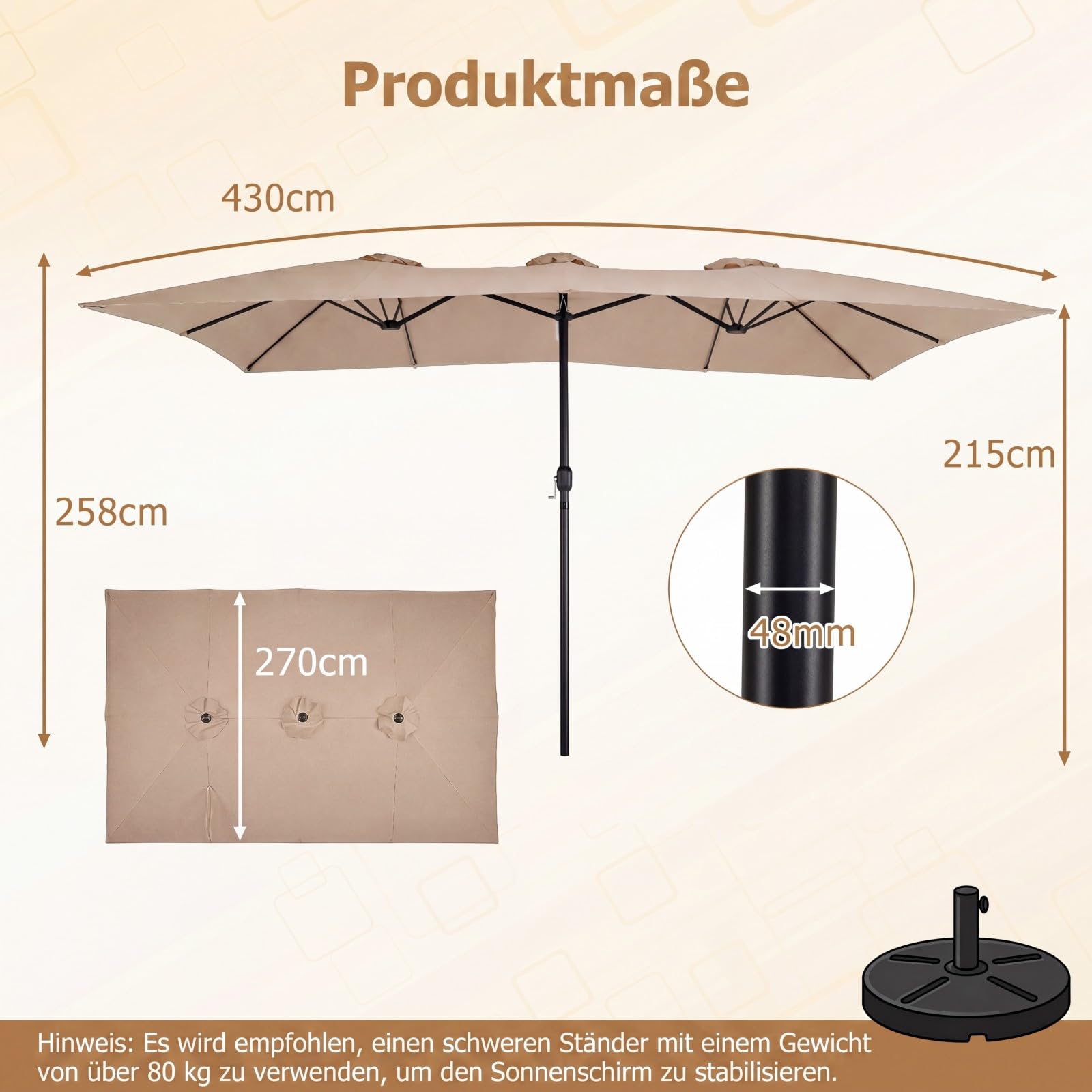 COSTWAY Podwójny parasol przeciwsłoneczny, 426 x 265 cm, prostokątny, ochrona przed promieniowaniem UV, parasol ogrodowy, duży XXL, parasol tarasowy z korbą, parasol na basen, taras, do ogrodu