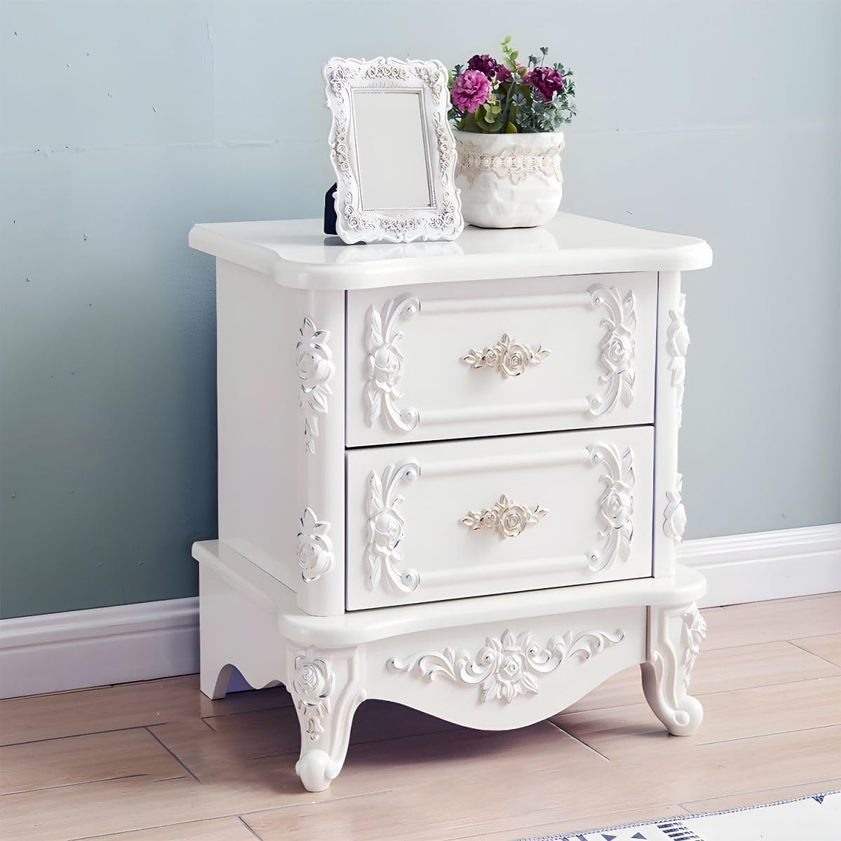 KWOKING Chic French Country Nightstand White Wood 2 Drawers Storage Elevate Bedroom Decor Bedside Table White Bedroom Wooden Bedside Table Paint Nightstands White-Gold 1 Piece 19" L x 16" W x 19" H