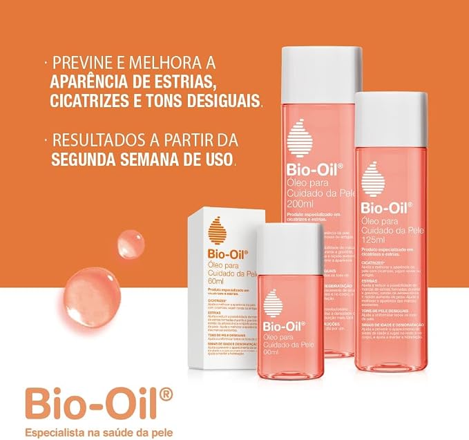 Coleção de diferentes tamanhos de frascos Bio-Oil exibindo as opções de 60ml, 125ml e 200ml