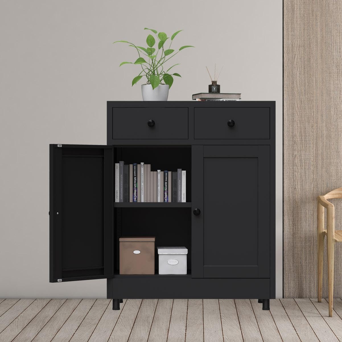 Aktenschrank Büroschrank Lagerschrank Metallschrank Stahlschrank Mehrzweckschrank Buffetschrank Flurschrank, Aufbewahrungsschrank aus Metall mit 2 Schubladen und Verstellbarem Regal (Schwarz)