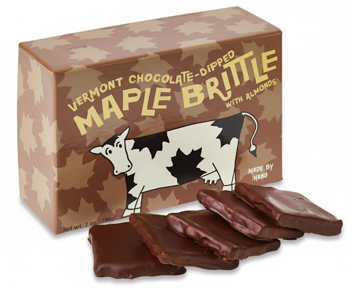 Vermont Chocolate Dipped Maple Almond Brittle 7oz Box Gourmet Handcrafted Small Batch Dark Chocolate Covered Brittle Made with Pure Maple Syrup and Creamy Butter Artisanal Nut Candy Gift Box