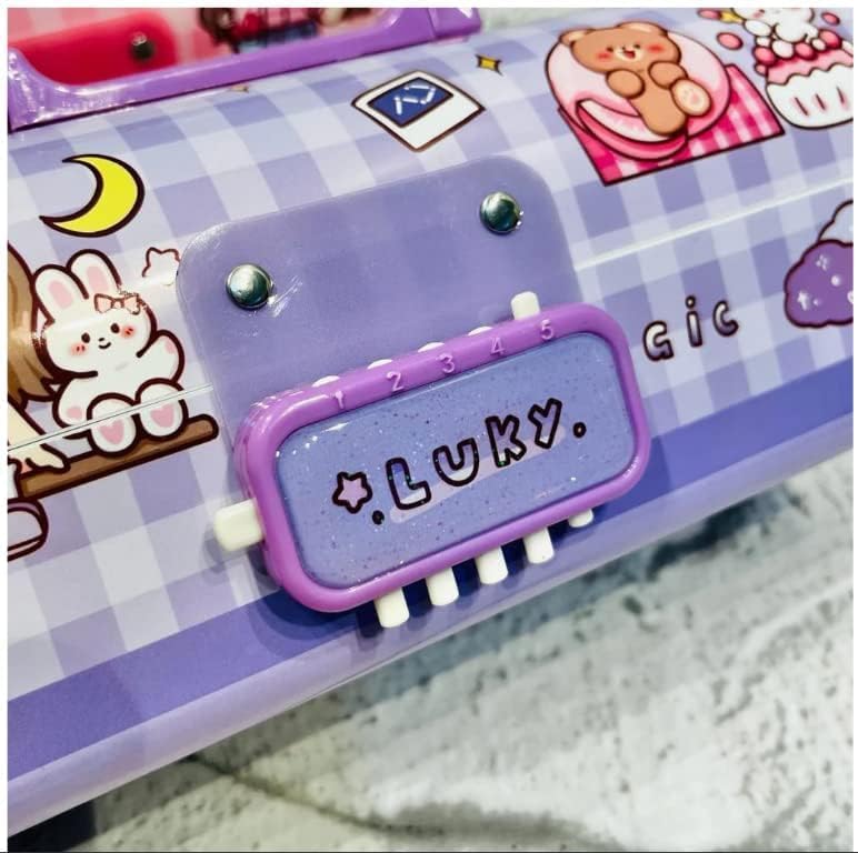 Image of WORSHIPER Cartoon Theme Pencil Box for Kids | Suitcase Style Password Lock Stationery Organizer | Multi-Layer Pen & Pencil Case for Boys & Girls (LPPB - Lucky Purple)