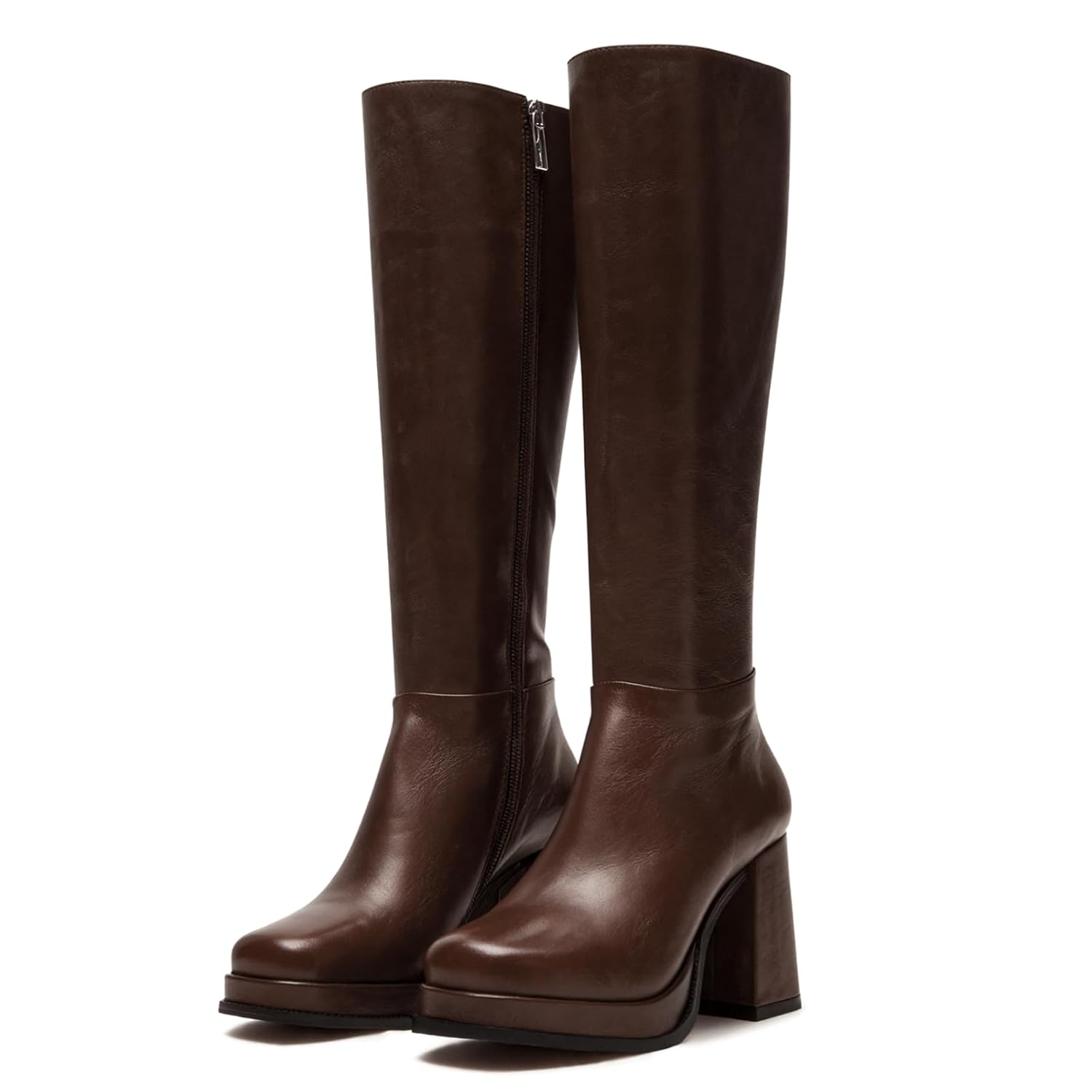 Kitten Heel Knee High Boots Women-Pointed Toe Faux Leather Stiletto Side Zipper Long Tall Dress Boot