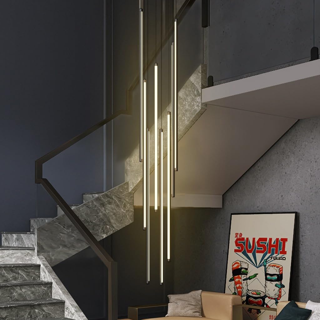 DOCJX LED Staircase Pendant Light Modern Rotating Long Chandeliers Dimmable Aluminum Hanging Ceiling Lighting Fixture Adjustable Villa Hollow Ceiling Light(Infinite dimming,8-head 60CM) — image 1