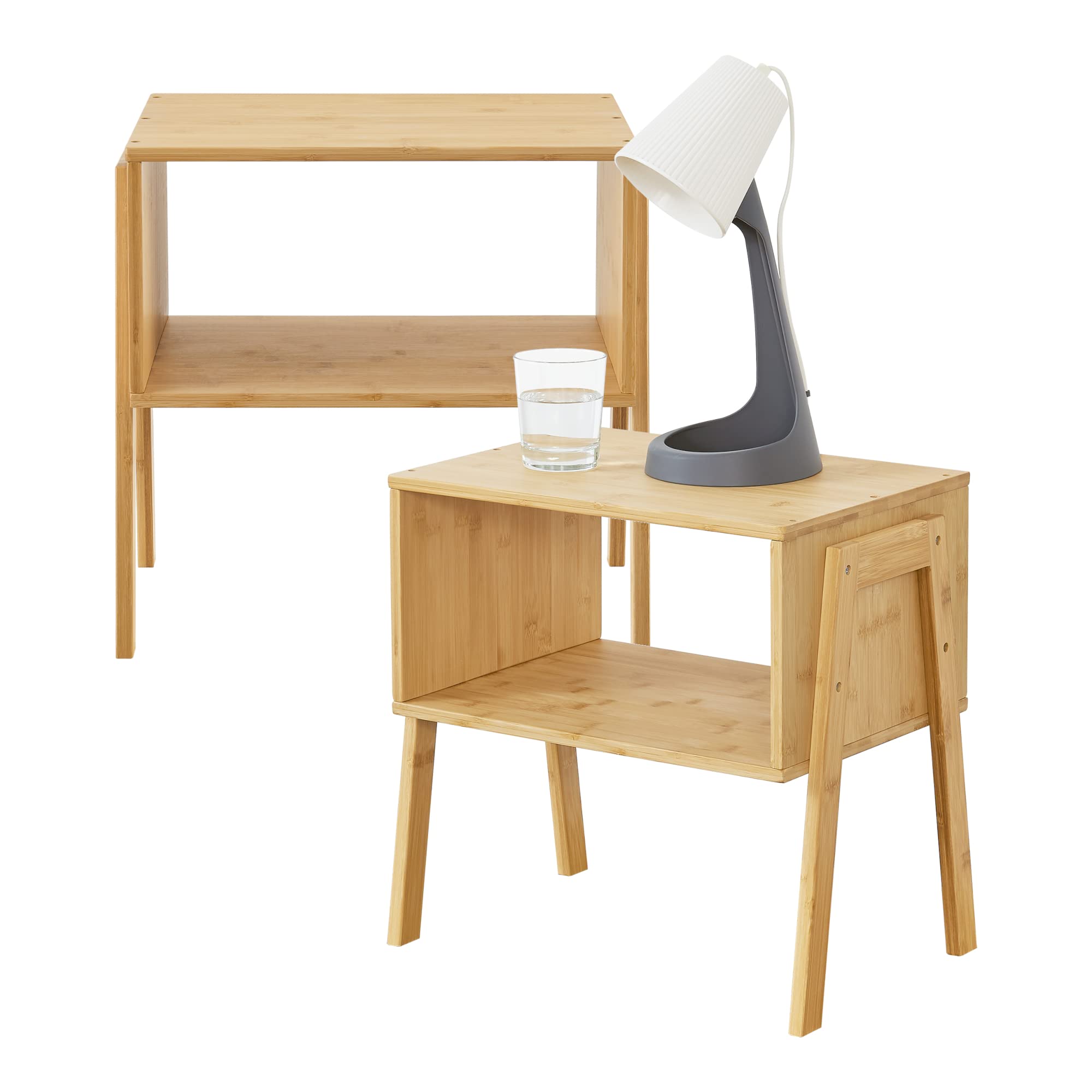 [en.casa] Lot de 2 Tables de Nuit Empilables Set de Table d'Appoint Ensemble de Chevet avec Etagères Petit Rangement pour Chambre Bambou 42 x 44 x 29 cm Naturel