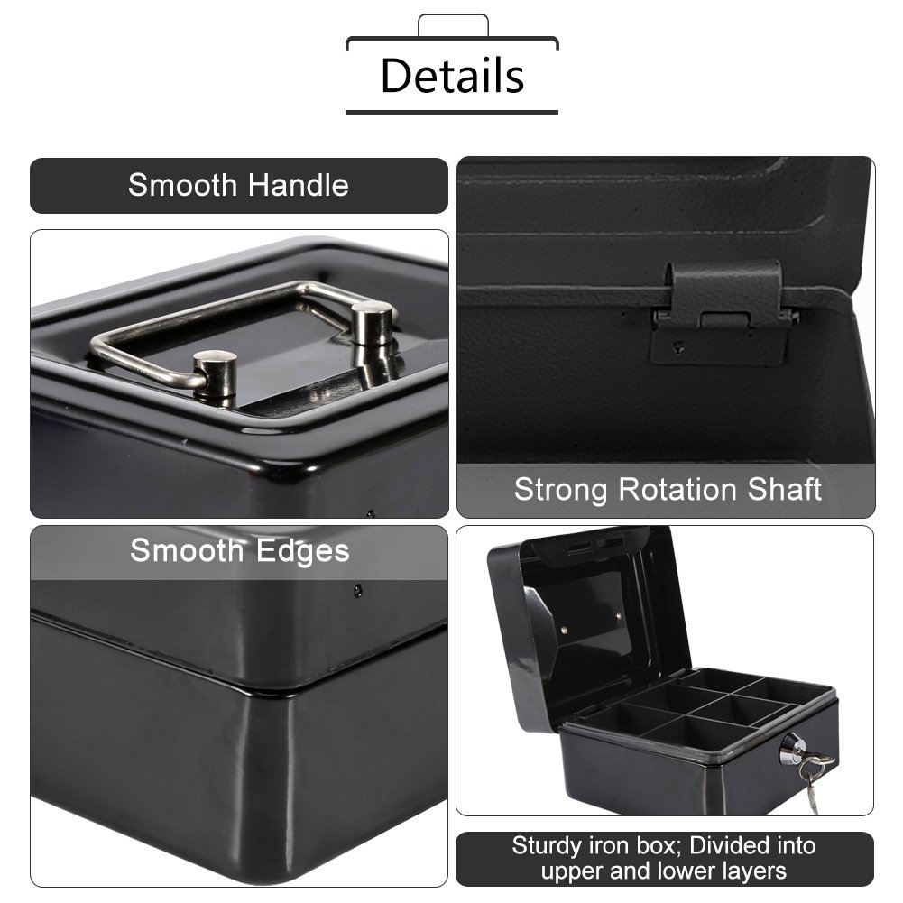 Joyzan - Caja impermeable ignífuga con cerradura de llave, 1 mini caja fuerte pequeña portátil de acero Petty con cerradura de dinero en efectivo con asa para el hogar color negro