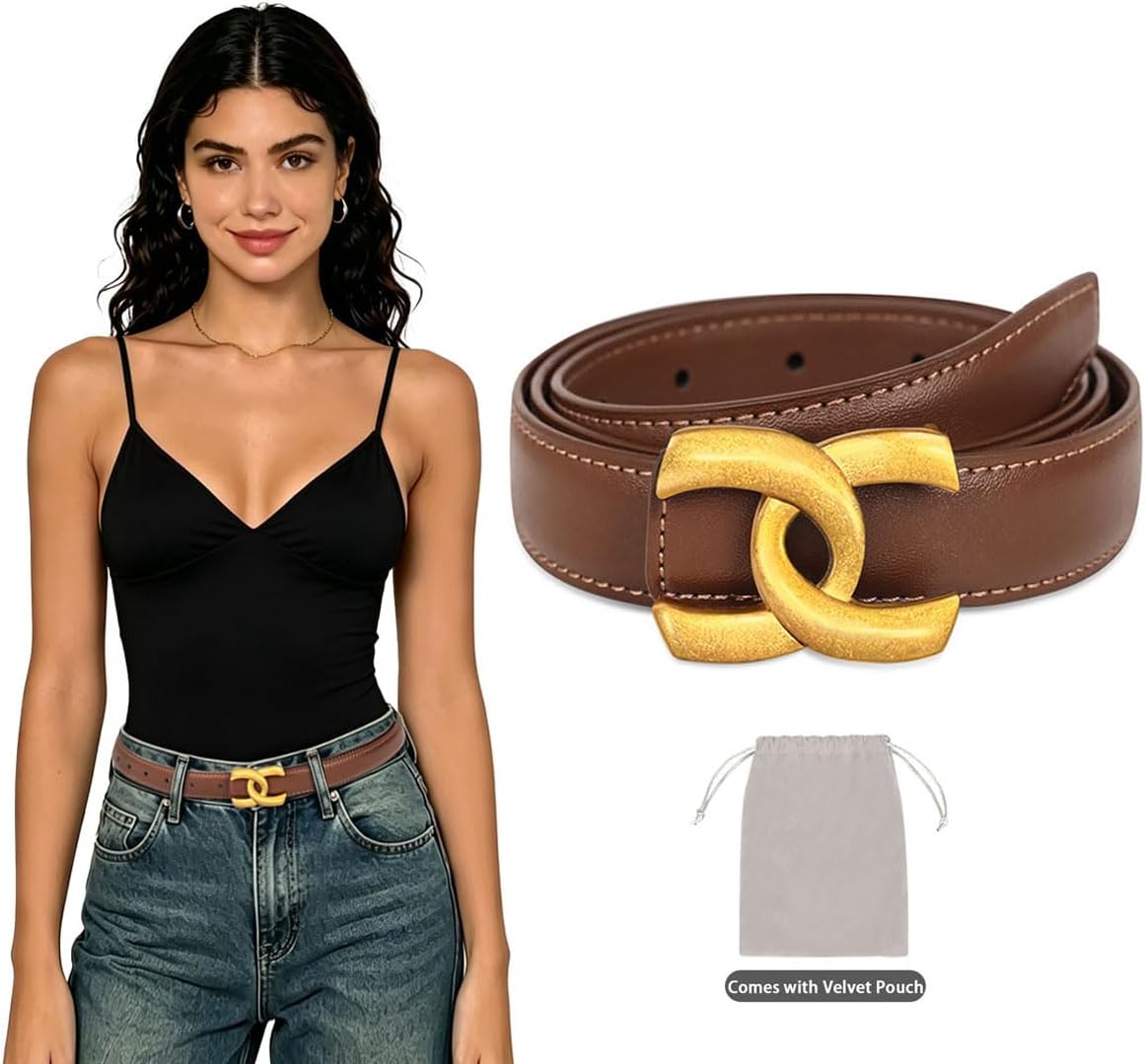 Women's Leather Belts for Jeans,Dresses,Pants,Coats-Fashion Waist Belt with Classic Gold Buckle,Gift for Women.