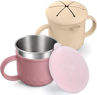 BUSOHA 2 Pack Stainless Steel Snack Containers – 4 IN 1 Spill Proof Snack Cup for Kids with Silicone Lids,Reusable Toddler Snack Containers,Metal Food Storage for Lunch Box,Travel,Pink + Beige