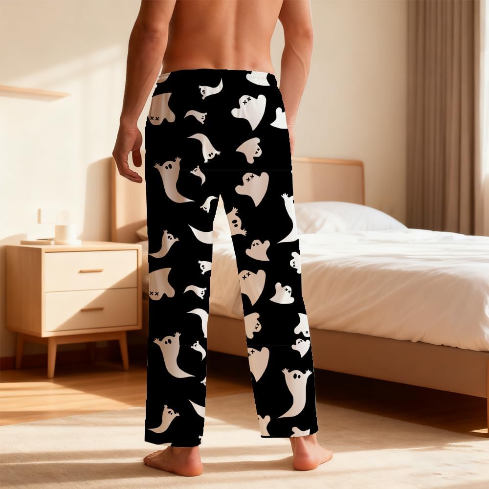 Mens Halloween Pajamas Pants Funny Print Ghost Pumpkin Pajama Pants Lounge Soft Sleepwear with Pockets Drawstring - Image 3