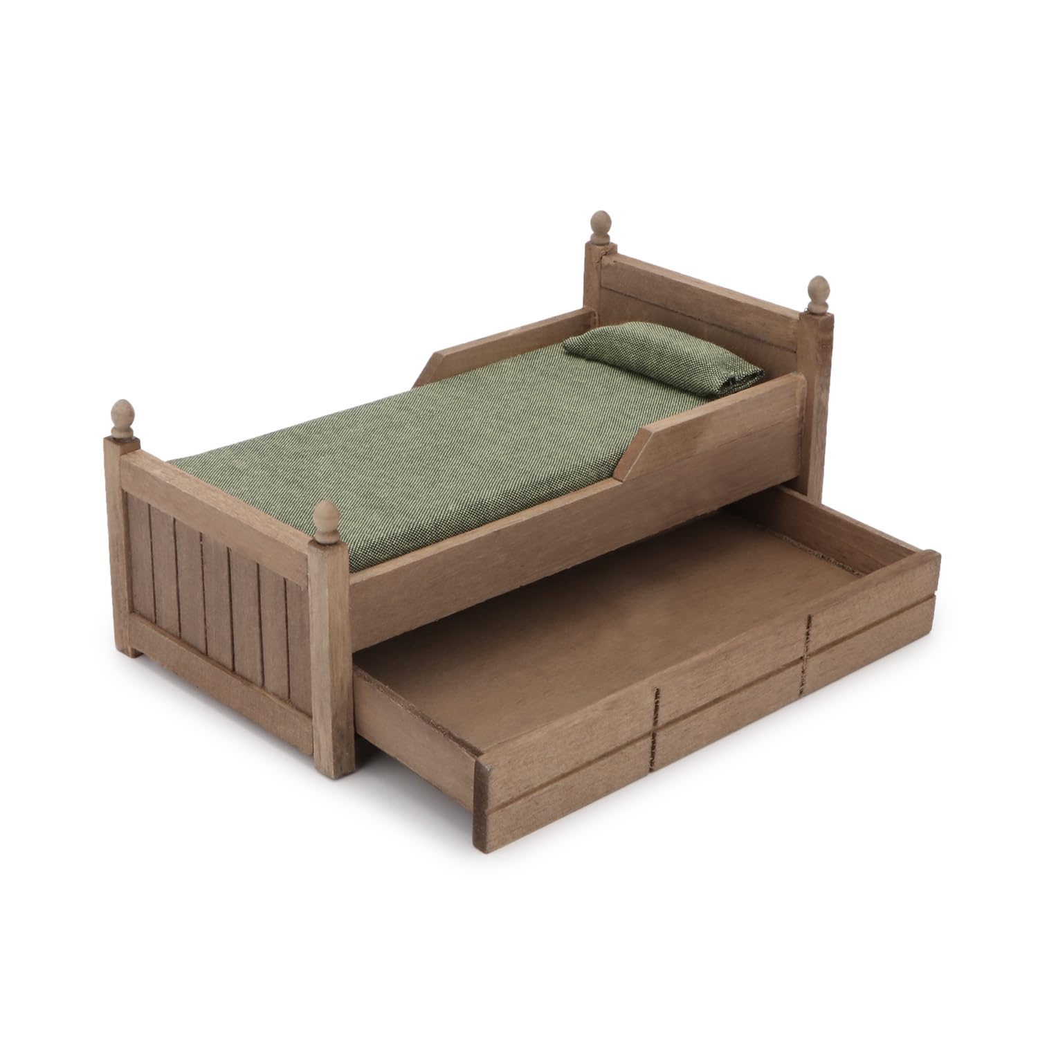 Dollhouse Miniature Bed with Drawer 1:12 Wooden Furniture European Bedroom Bedding Furniture Accessories with Pillow & Mattresses Vintage Floral Fabric Mini House Decoration (Brown)