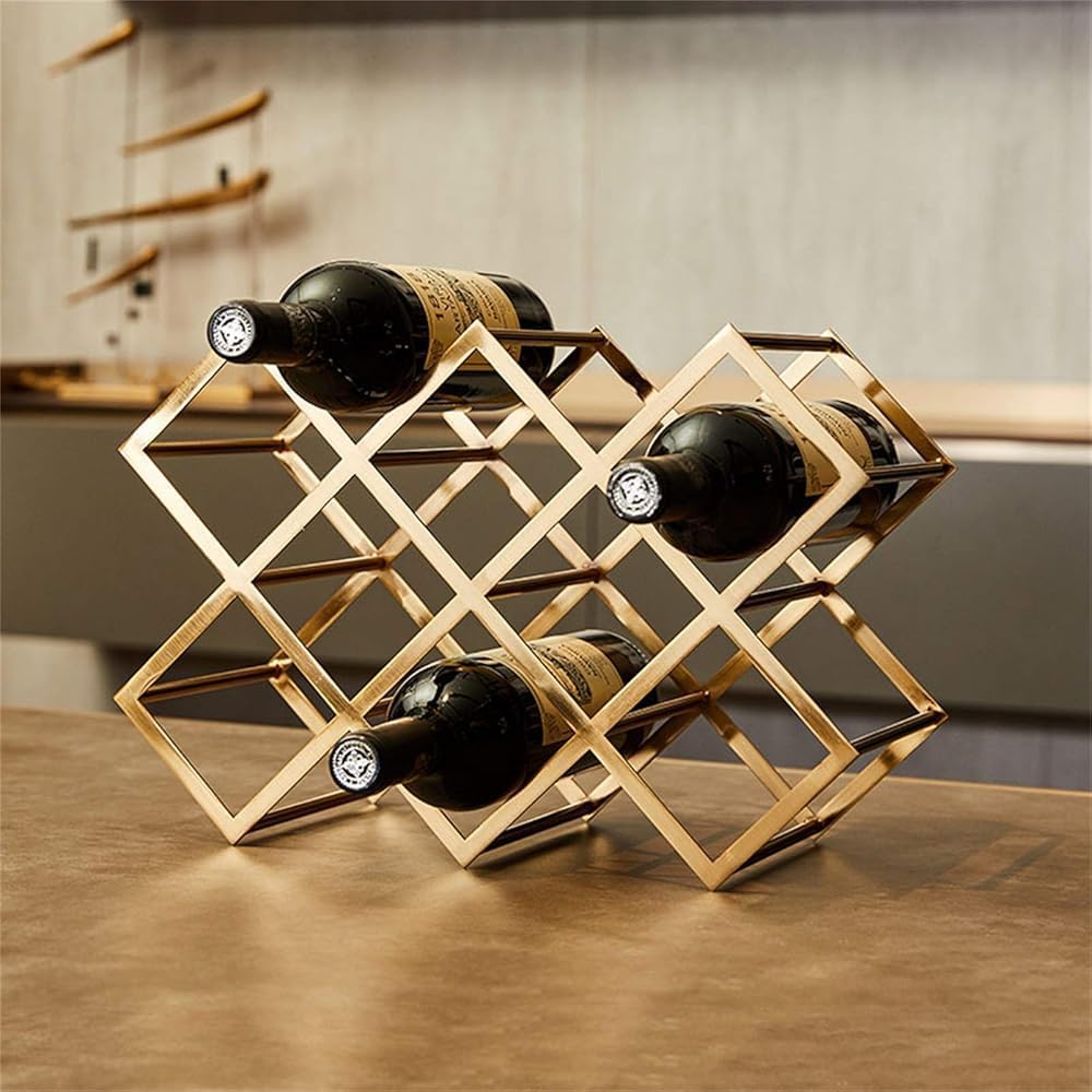 Wine Rack Freestanding Countertop Geometric Design for Red White Wine - Metal Brushed Gold Bottle Holder Cabinet Storage