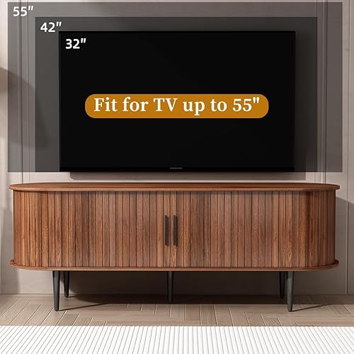 Miniatura 3 de Soporte de TV acanalado moderno de mediados de siglo, soporte de TV de nogal para TV de 55 pulgadas, centro de entretenimiento de madera con puertas