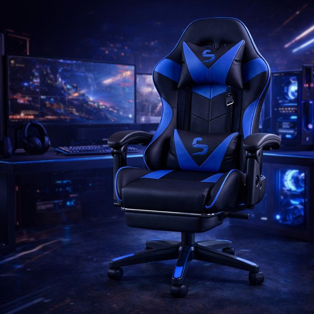 Cadeira Gamer de Escritório Ergonômica, Reclinável com Apoio para Pés, Almofadas Lombar e Pescoço, Base Nylon 50mm, Suporta 120kg (Azul)
