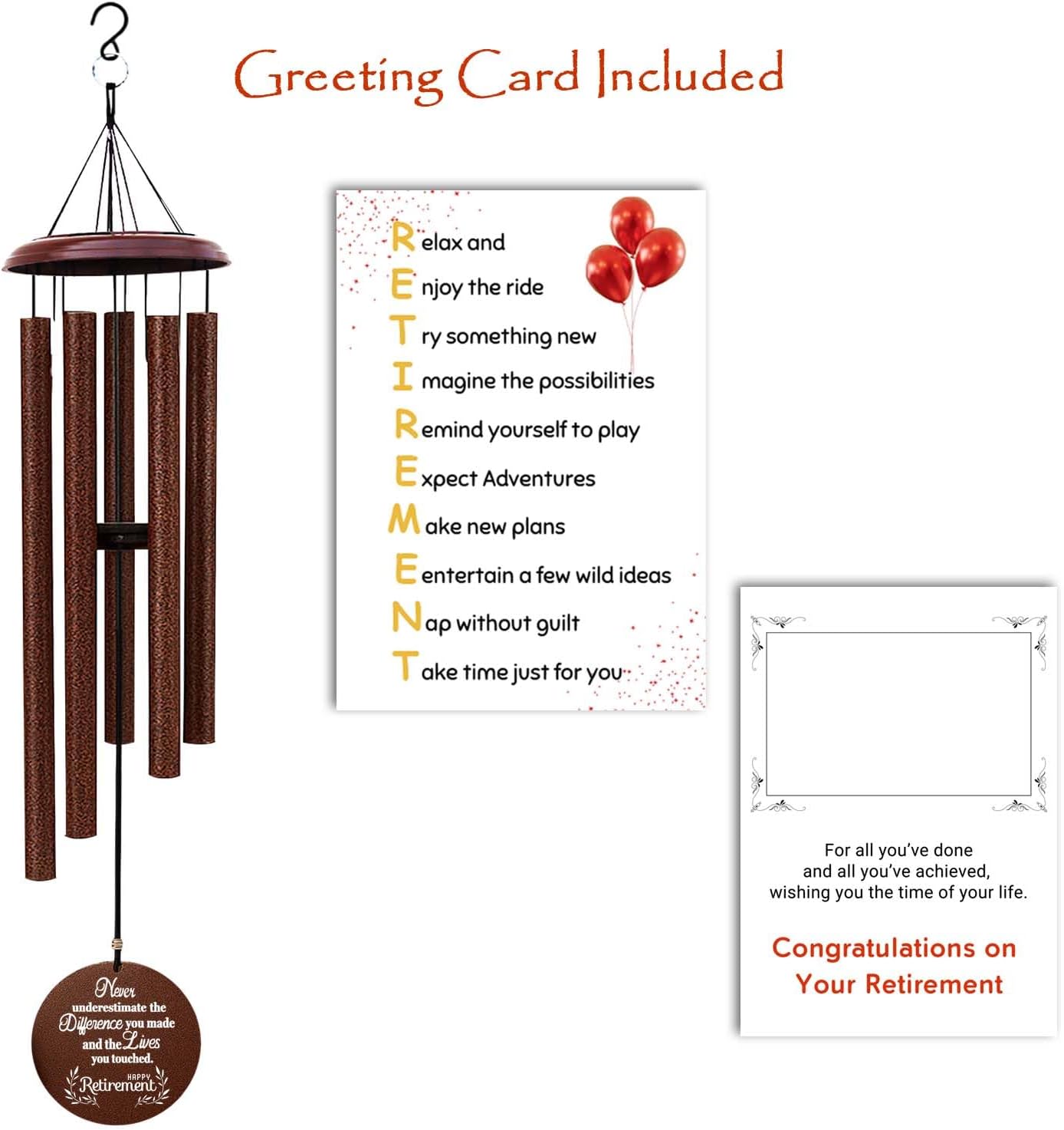 Retirement Wind Chime Gift for Men & Women – 30" Engraved Tree of Life with Happy Retirement Message – Indoor/Outdoor Hanging Decor, Pre-Wrapped with Greeting Card