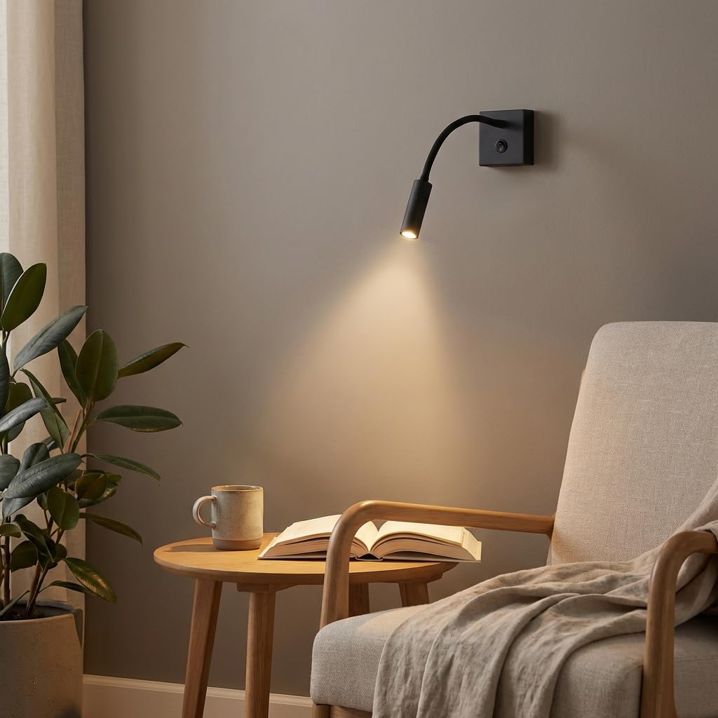 BARCELONA LED Wandlampe LED Schwarz für Lesen "Hale" 3W, Warmweiß 2800K, Flexibler Verstellbarer Arm, Moderner Minimalistischer und Klassischer Stil, Lesekomfort, Schlafzimmer, Treppen, Restaurant