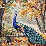 Generic Beautiful Peacock in Park DIY 11CT Stamped Cross Stitch Kits for Beginners Easy Needlepoint Embroidery Counted Cross Stitch Art Craft for Wall Decoration 14x14inch(4)
