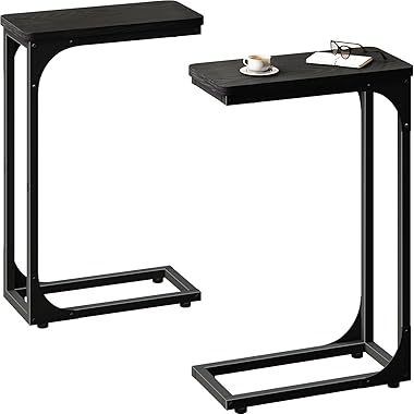 QEEIG Narrow C Shaped Side Table Set of 2 Living Room Sets Slim Couch Tray Tables Skinny Thin Small Modern 7 inch Width, Blac