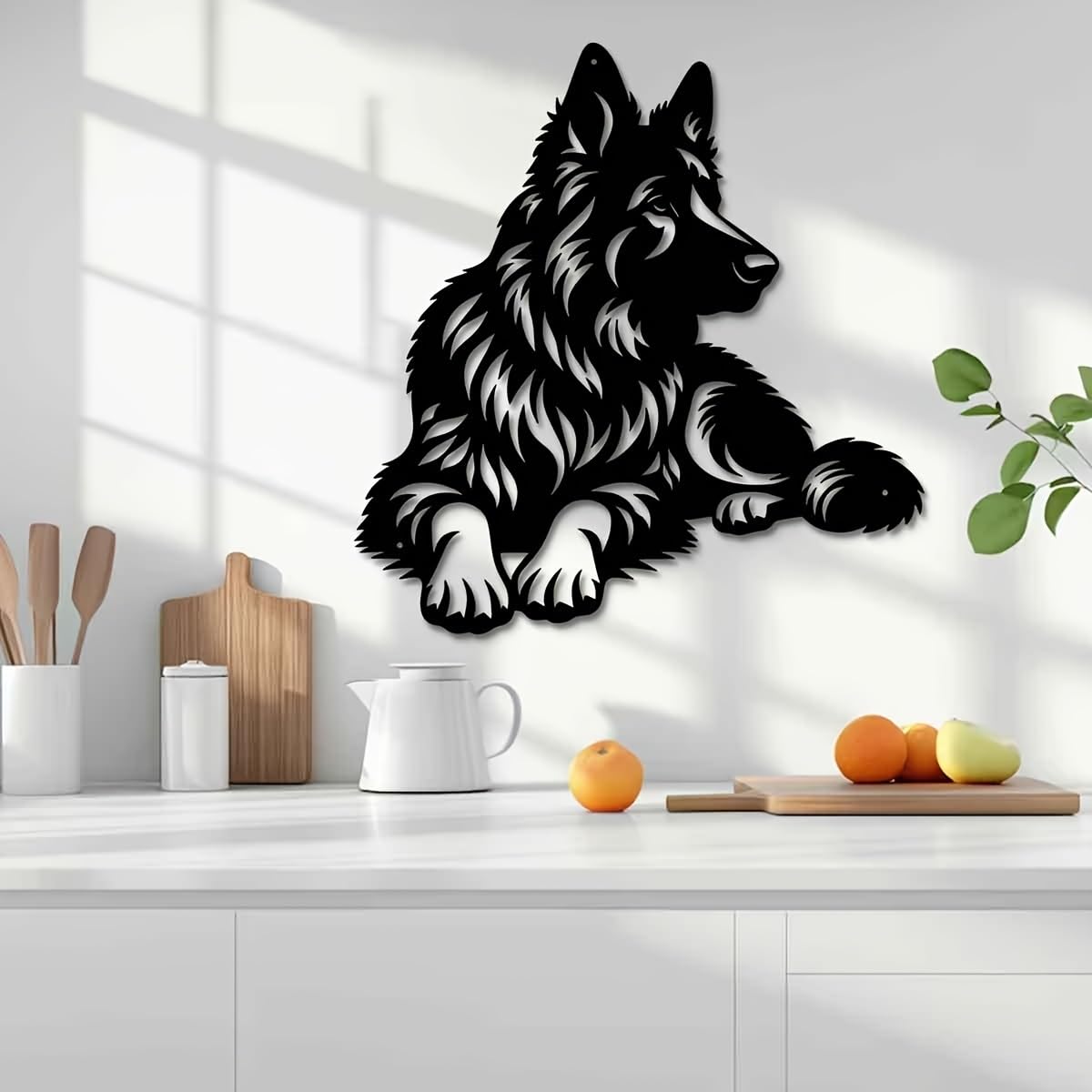 Decoración de pared abstracta contemporánea de metal con arte de pastor alemán, escultura de silueta de hierro de 40 cm, para jardín exterior y sala de estar interior, mural resistente para balcó
