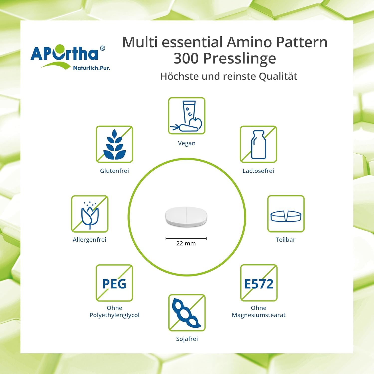 APOrtha® Multi Essential Amino Pattern – 300 Presslinge mit 8 essentiellen Aminosäuren nach Prof. Dr. Lucà-Moretti, ausgewogenes Aminosäuren-Profil, EAA Presslinge, vegan