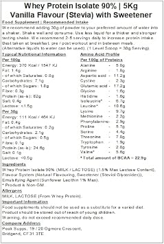Whey Protein Isolate 90% - Vanilla Stevia Flavour (5kg)