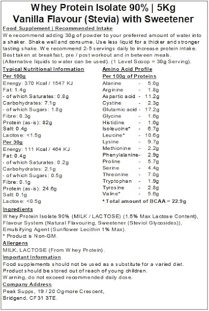 Whey Protein Isolate 90% - Vanilla Stevia Flavour (5kg)