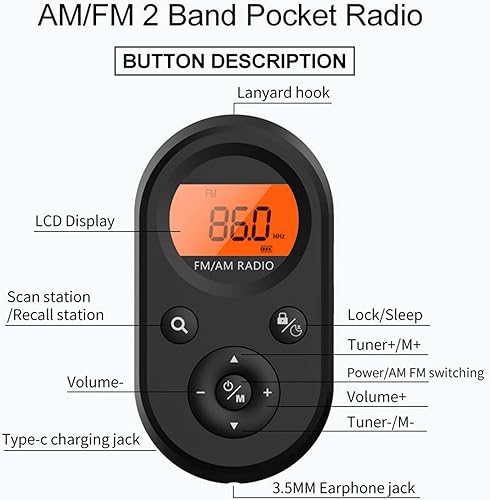 Miniatura 4 de Radio portátil AM FM Mini con retroiluminación, auricular para exteriores, mejor recepción, función de visualización (negro)