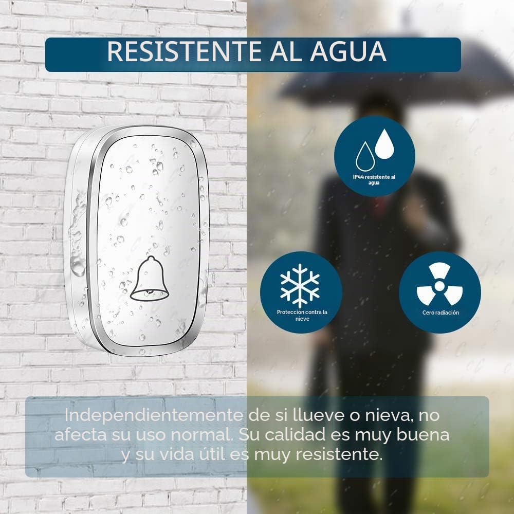 Timbre inalámbrico Hospaop Timbre de Puerta de 300 Metros de Alcance, Timbre inalámbrico Impermeable con LED Flash 36 Tonos de Llamada 4 Niveles de Volumen para hogar, Oficina, etc