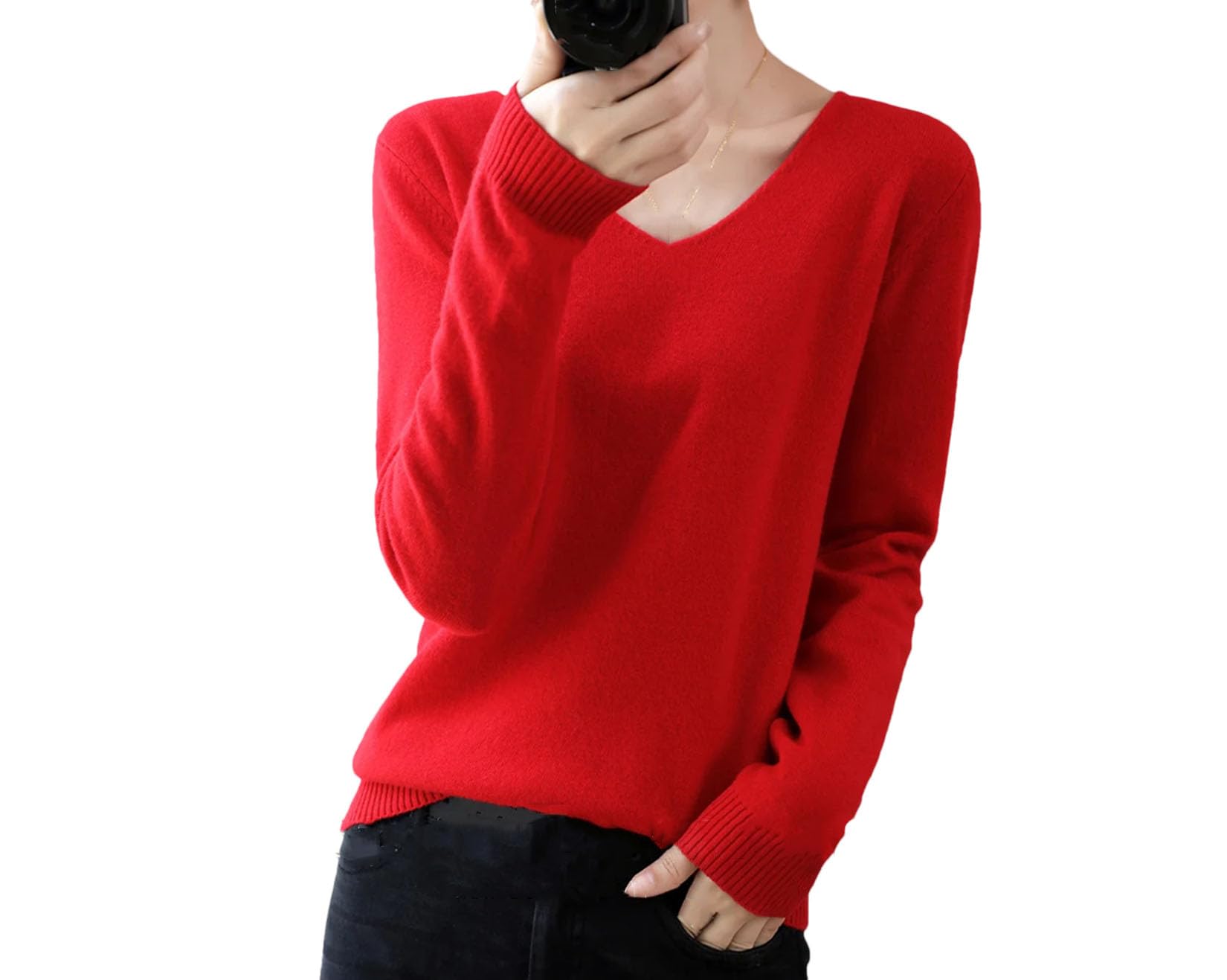 Maglione da donna a maniche lunghe con scollo a V Pullover vestibilità ampia maglione casual da donna tinta unita Pullover