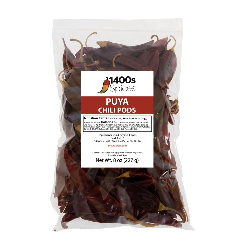 8oz Puya Dried Whole Chile Peppers, Pulla Chili Seco Pods for Authentic Mexican Food, Heat-Sealed Resealable Bag by 1400s Spices