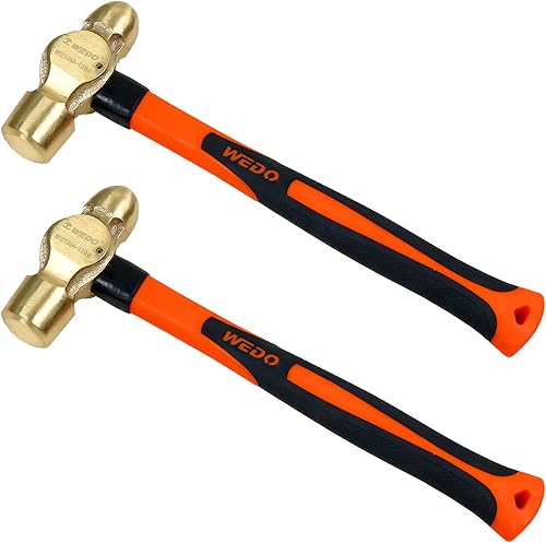WEDO Juego de 2 martillos de bola de latón, 34 libras+1 libra, mango de fibra de vidrio, troquelado, resistente a la corrosión, estándar DIN