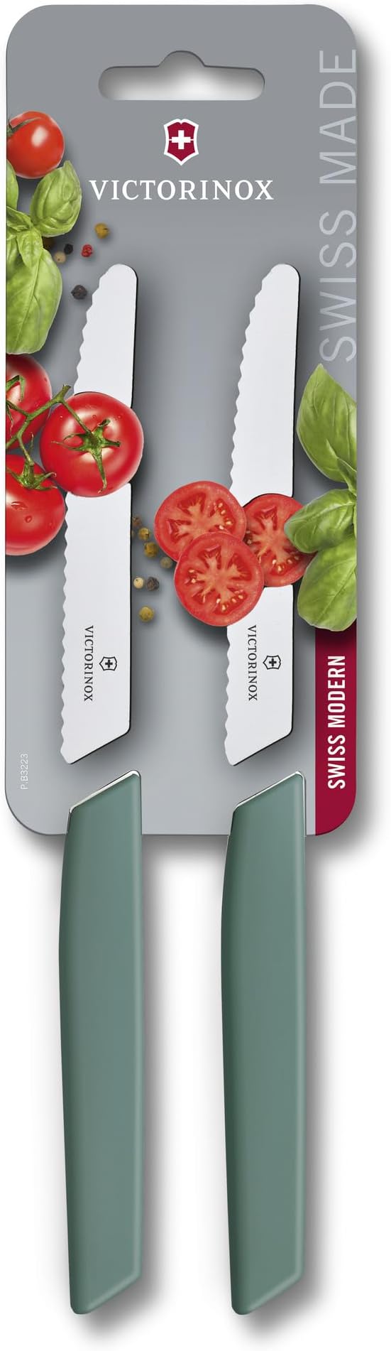 Swiss Modern, Tomato & Table Knife, Vegetable Knife Set, 2 Pieces, 11 cm, Extra Sharp Serrated Edge, Dishwasher Safe, Sage