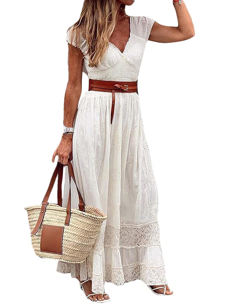 Onsoyours Vestido Casual Sin Mangas De Encaje Boho Playa para Mujeres Verano Suelto Borla V Cuello SóLido Talla Grande Blusa