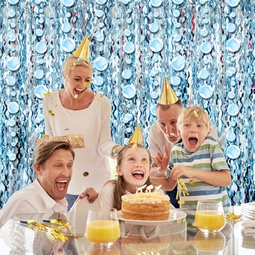 Image of Blue Wavy Foil Fringe Curtain with Bubble Garlands,Ocean Under The Sea Mermaid Backdrop for Beach Birthday Photo Booth Party Decor (3.3 feet Curtain 3 Bubble Garlands)