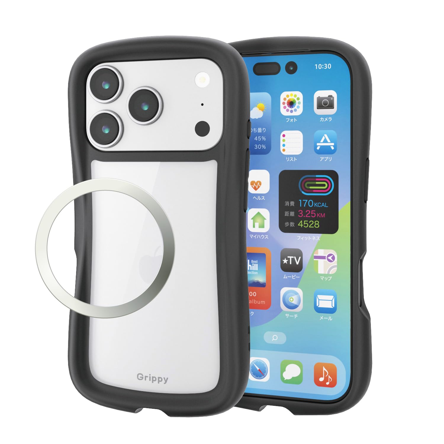 エレコム iPhone 17 Pro ケース カバー クリア 耐衝撃 衝撃吸収 ハイブリッド TPU Grippy 手に馴染む グリップ感 ストラップホール付き カメラ保護 メタルステッカー付属 ストラップシート付き ブラック PM-A25CGRPFCBK