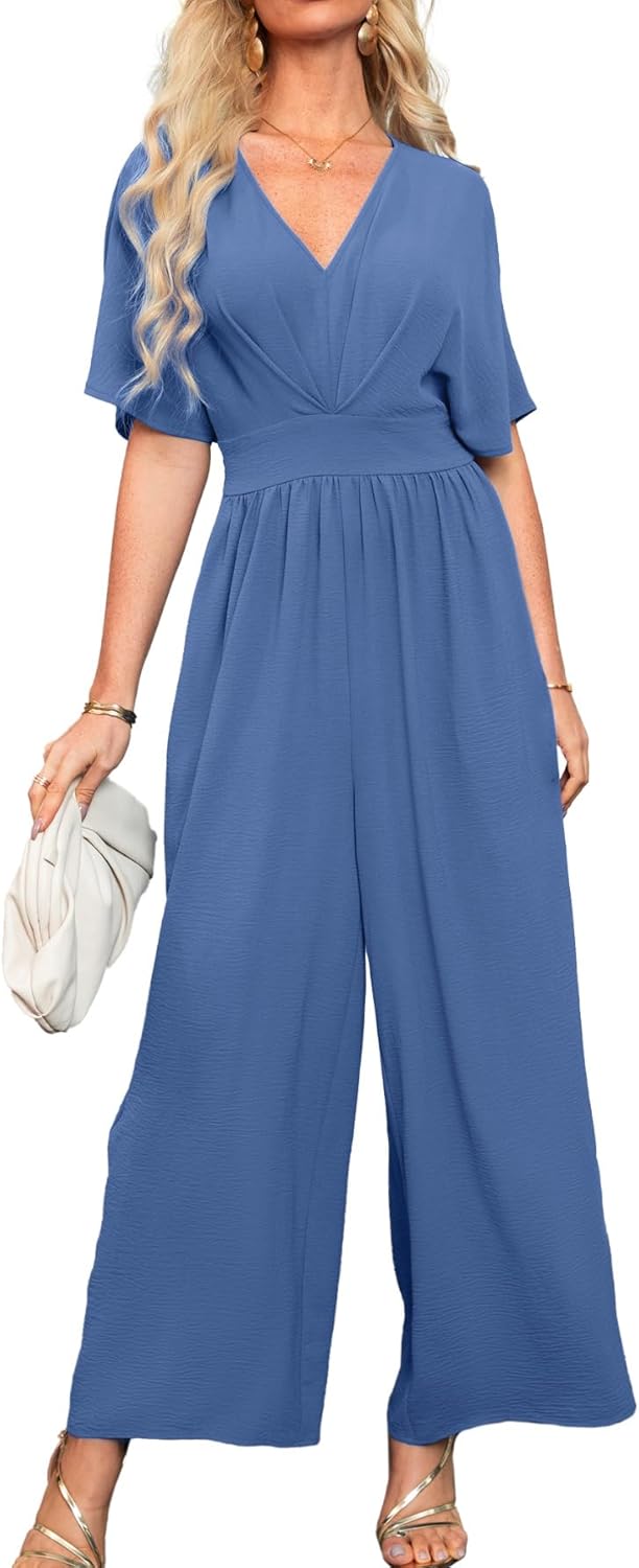 Simplee Women's V Neck Wide Leg Jumpsuits Dressy Casual One Piece High Waist Short Sleeve Formal Jumpsuit Long Romper Small Royal Blue