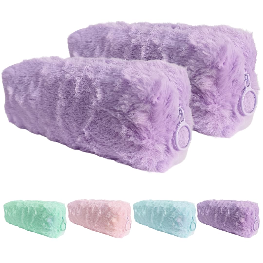 Pack 2 Estuche Escolar para Mujer o Niña - Estuches Escolares para Guardar Material De Papelería O Maquillaje De Peluche En Color Pastel - Neceser Pequeño De Un Compartimento (Morado Morado)