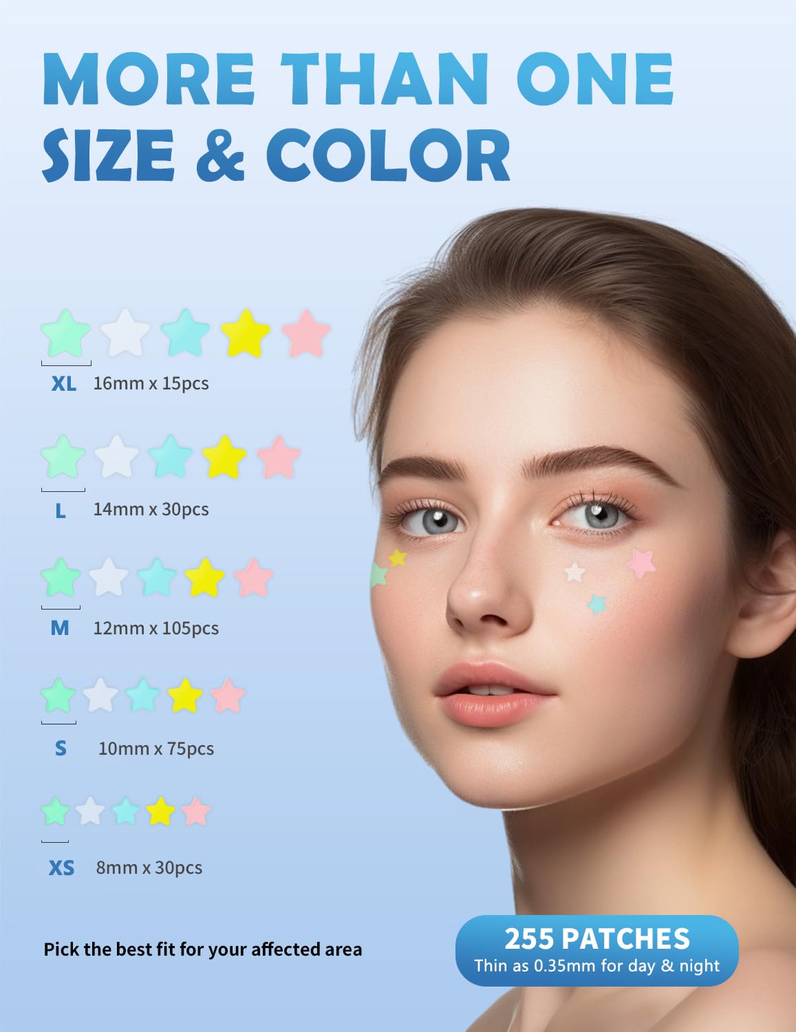 Patch Idrocolloidali Coprenti, 255 Pezzi, 5 Colori e 5 Misure (8/10/12/14/16 mm), Adesivi a Stellina per Copertura Imperfezioni del Viso