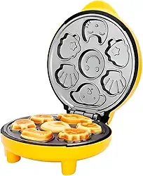 Máquina Elétrica de Mini Bolinhos Bichinhos 1000W – Antiaderente, 7 Cavidades, Rápida e Compacta para Lanches e Festas Infantis – Cor Amarela| 110V