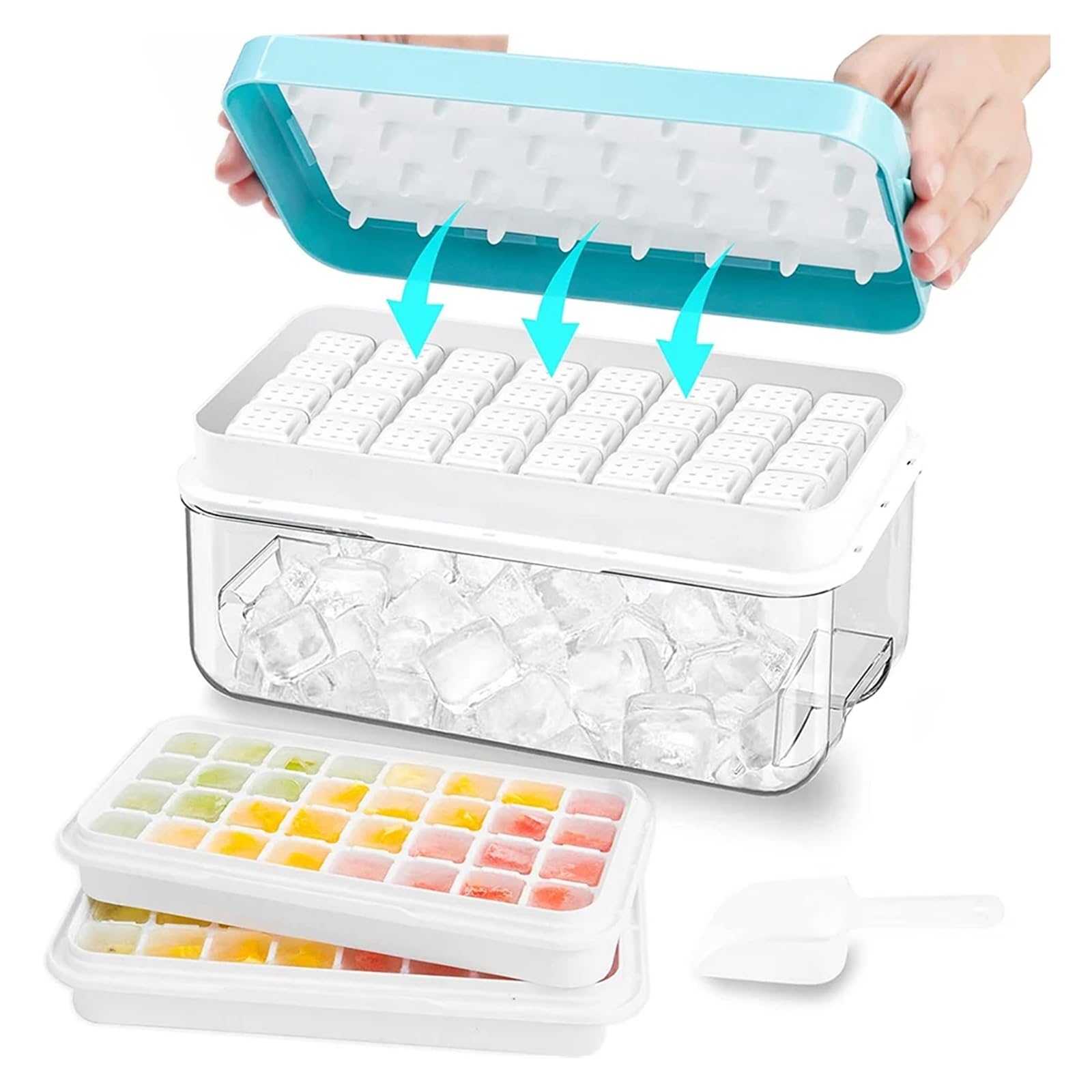 Cubiteras Para Hielo Bandeja de cubitos de hielo con 2 bandejas apilables, moldes de silicona con compartimento for congelador, 64 nuggets(Blue)