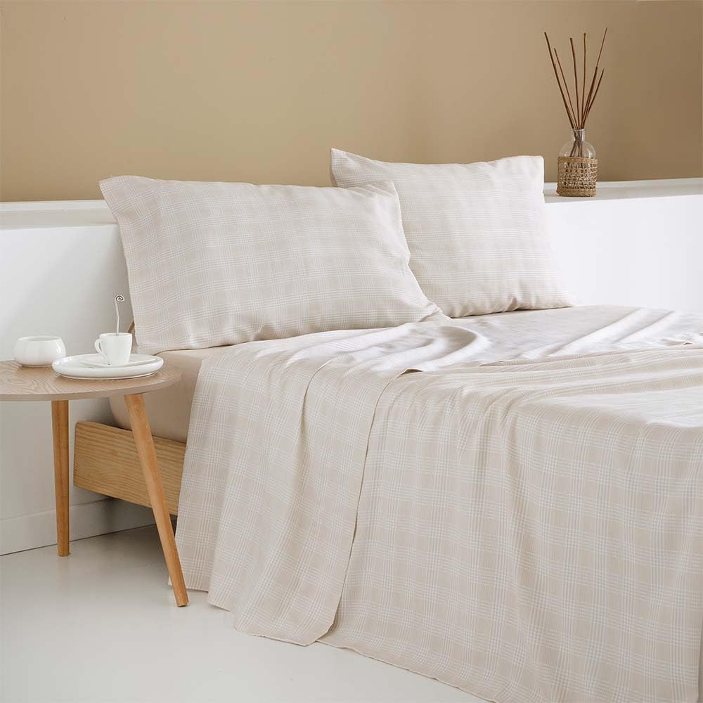 COTTON ARTean Juego sabanas Cama 200 ALGODÓN SATÉN 200 Hilos NERVION Beige | Incluye 4 piezas: encimera, bajera ajustable, 2 fundas de almohada. Certificado OEKO-TEX