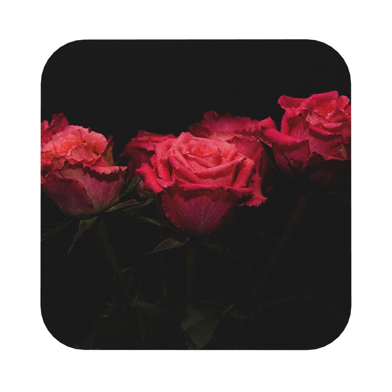 Red Rose and Black Leaves PU Leather Coasters Set of 6 Square Drink Coasters