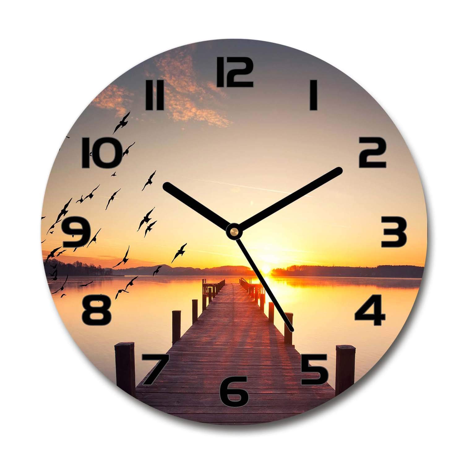 Horloge en verre rond 30cm silencieuse sur pied salon design sunset