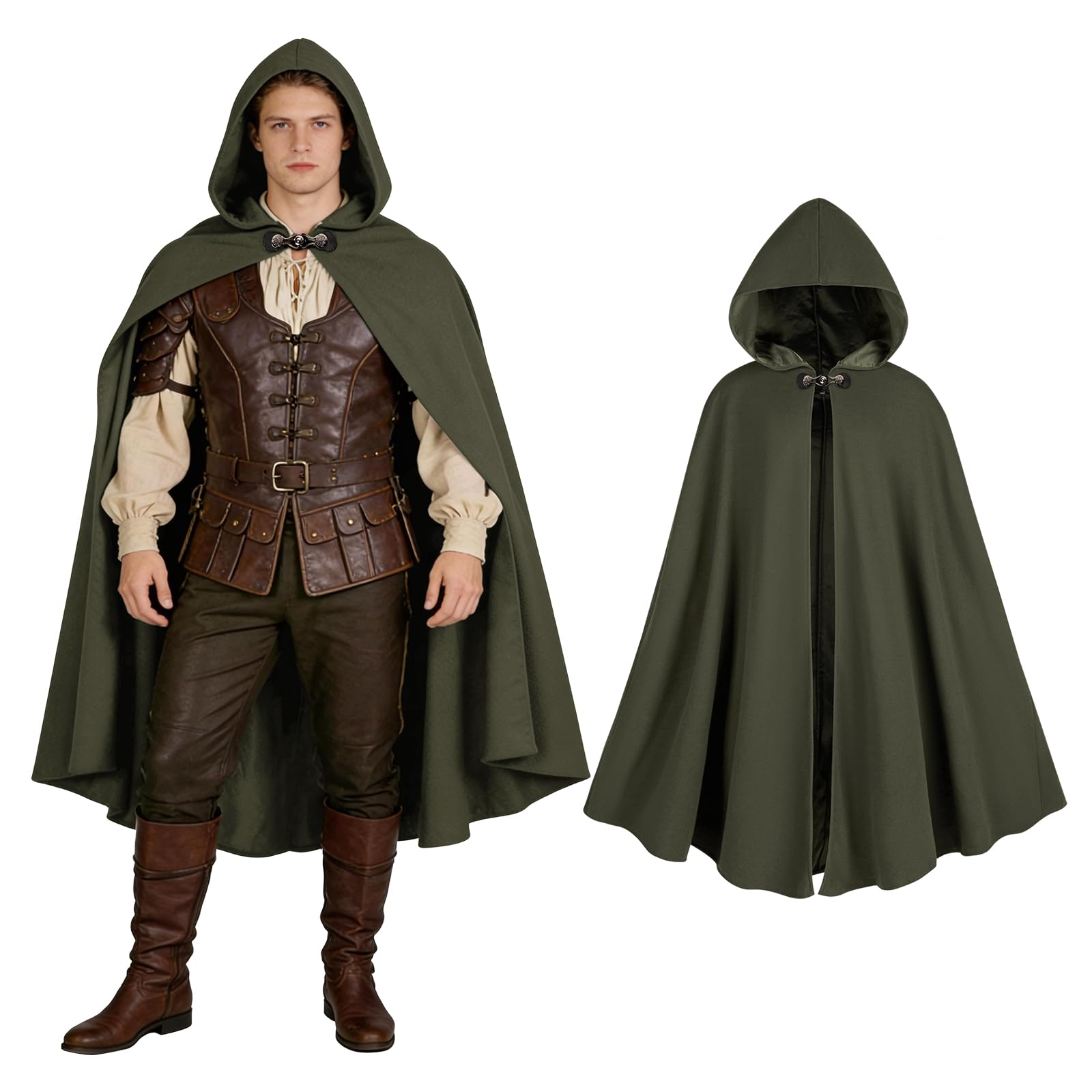 Renaissance Cappotto con cappuccio, mantello medievale, da strega da uomo, abbigliamento medievale, unisex, per Halloween, carnevale, cosplay (verde)