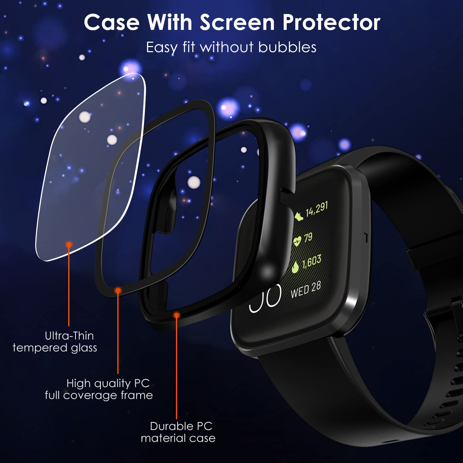 iVoler 3 szt. etui ze szkła hartowanego do Fitbit Versa 2, pełne zakrycie twardy futerał PC, HD przezroczysta folia ochronna przeciw zarysowaniom, 2 przezroczyste + 1 czarny