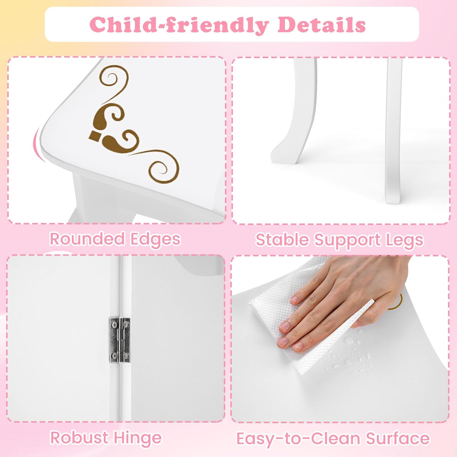 INFANS Kids Vanity, 2 in 1 Wooden Princess Makeup Table and Stool Set with Tri-Folding Detachable Mirror 10 Accessories, Toddler Pretend Beauty Dressing Play for Girls Aged 3+