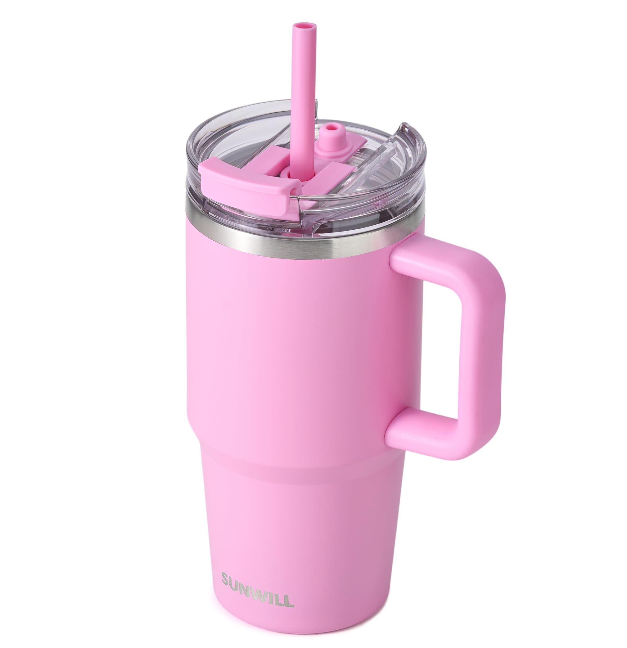 SUNWILL Travel Coffee Mug 20 oz Tumbler with Handle and Straw Powder Coated Pink